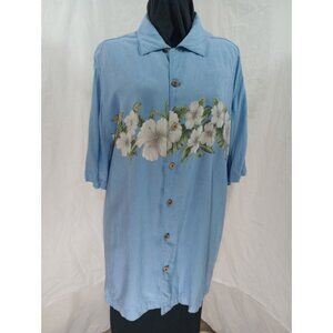 Vintage Blue Floral Button-Up Shirt With Hibiscus Print & Wood Buttons